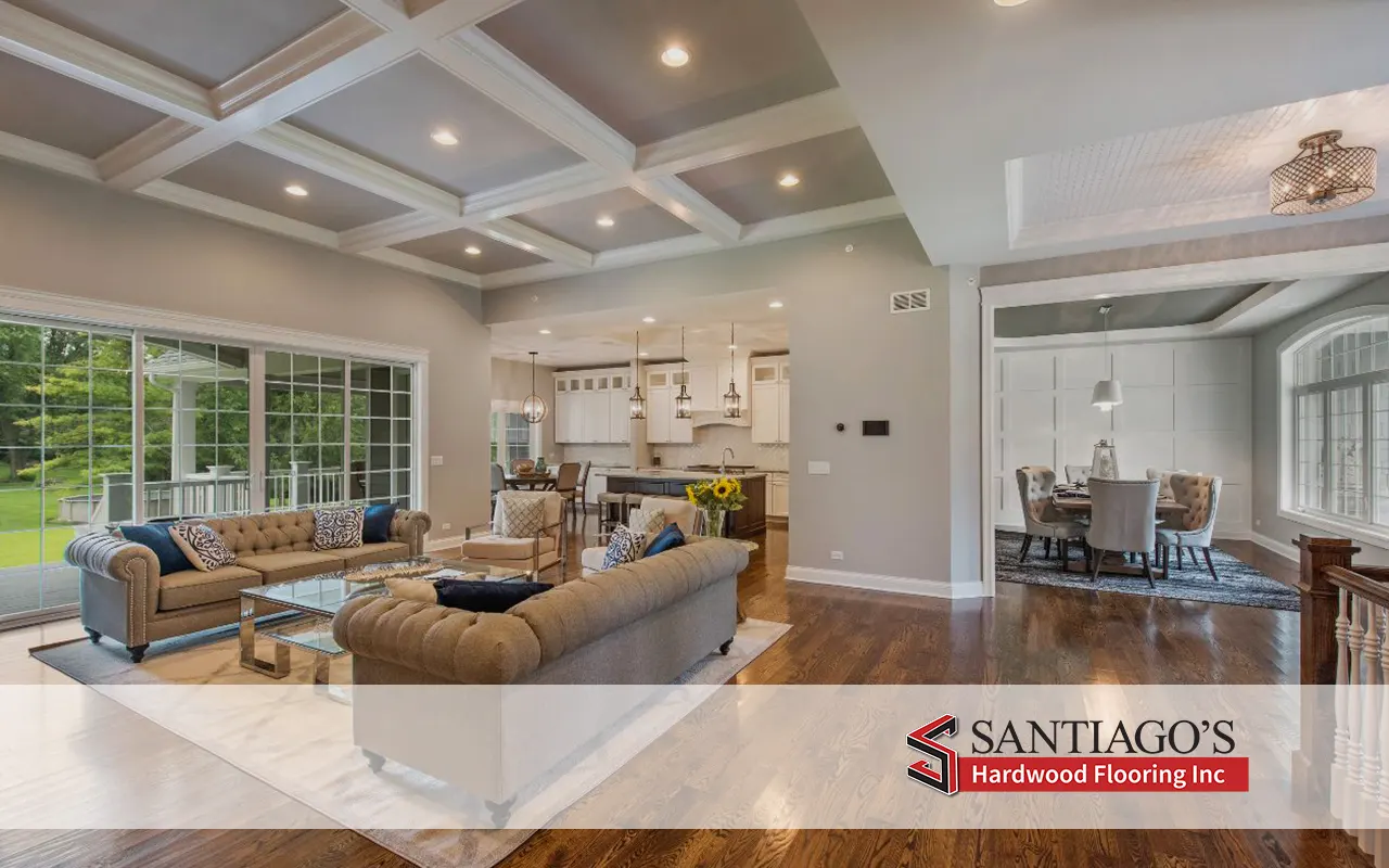 Hardwood flooring in a high-traffic living room area with a classic finish